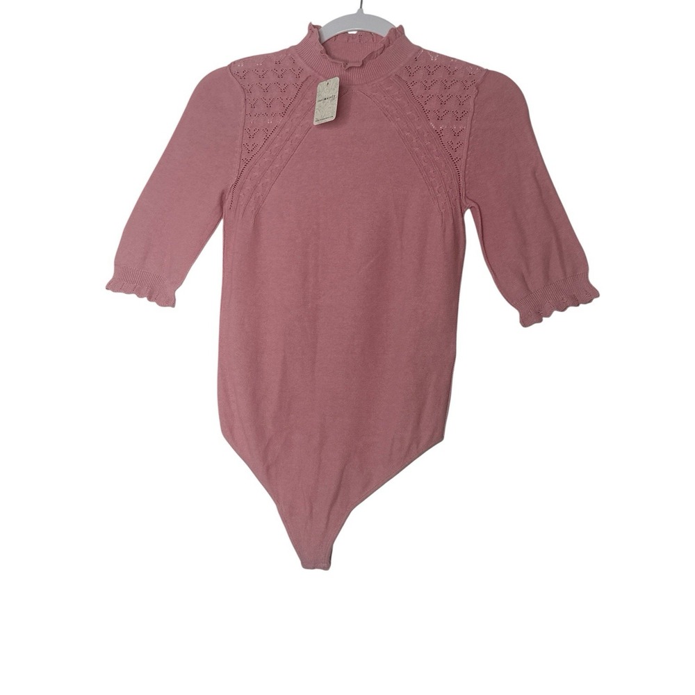 Free People Body Suit Women's XS Pink Short Sleeve Mock Neck Knit Romantic New